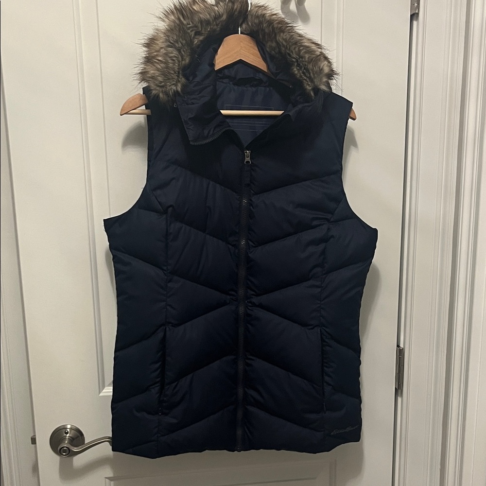 Eddie Bauer Navy Down Vest with Faux Fur Hood